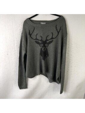 Wooden Ships Sweater Womens M/L Gray Deer Stag Graphic Boat Neck Chunky Knit